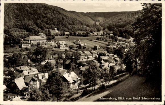 Postcard Schwarzburg in Thuringia, view from Hotel Schwarzaburg, picturesque landscape, architecture