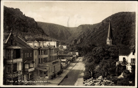 Postcard Thale in the Harz Mountains, view of Hubertusstraße, church, mountains, old architecture