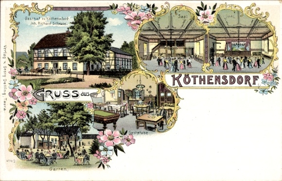 Litho Köthensdorf Taura Sachsen, Gasthof, Saal, Garten, Billardtisch