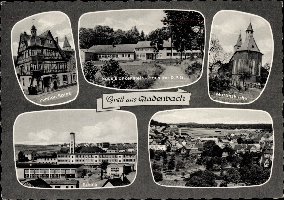 Postcard Gladenbach Hessen, House Blankenstein, Pension Spies, Martinskirche, school