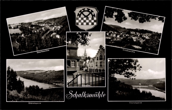Postcard Schalksmühle in the Sauerland, general view, dam, coat of arms