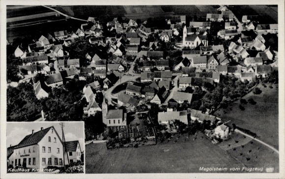 Postcard Magolsheim Münsingen in Württemberg, aerial photograph, Kirsamer department store