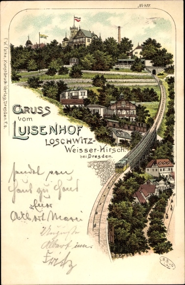 Chromo-Litho Dresden Loschwitz, Weißer Hirsch, Luisenhof, mountain railway, funicular, panorama of the place