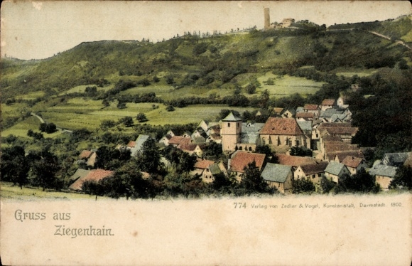 Ak Ziegenhain Westerwald, algemeen uitzicht, uitkijktoren, kerk, velden