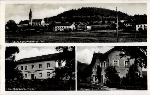 Ak Kirchaitnach Kollnburg in Neder-Beieren, totaalbeeld, kerk, herberg, Biehlmaier-winkel