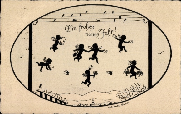 Paper cutting artist Postcard Forck, E., Happy New Year, fairy, letters, birds