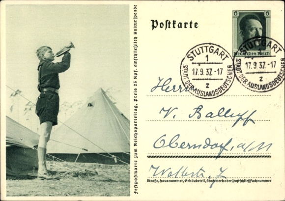 Postal stationery PC HJ Pimpf blows the roll call, tent camp, Reich Party Rally 1937