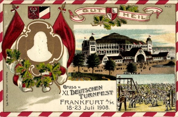 Embossed Chromo-Litho Frankfurt am Main, XI. German Gymnastics Festival 1908, Turnvater Jahn