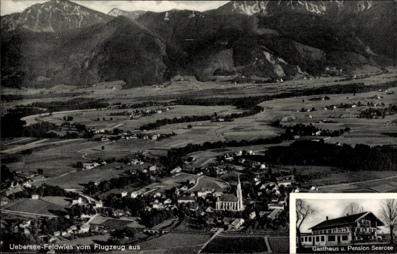 Ak Feldwies Übersee am Chiemsee, Gasthaus, Pension Seerose, Fliegeraufnahme