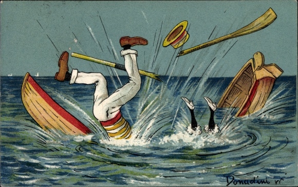 Kunstenaar Ak Donadini, AE, zinkende roeiboot, mensen in het water