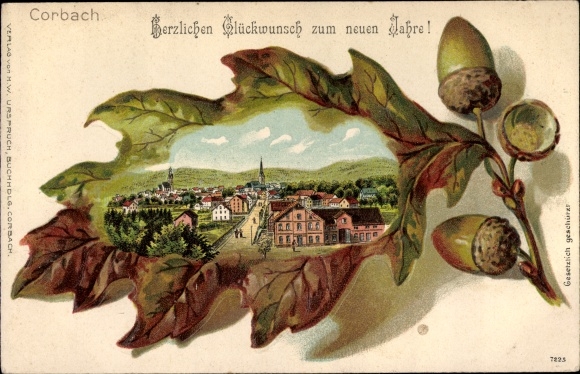 Embossed Eichenblatt Chromo-Litho Korbach in Hesse, general view, New Year