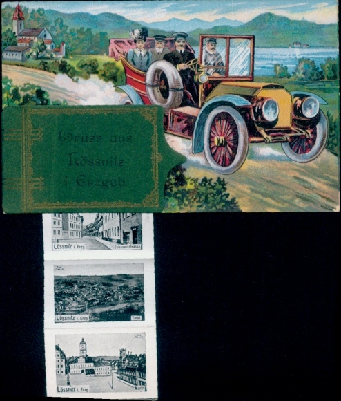 Leporello Postcard Lößnitz Lössnitz in the Ore Mountains, automobile, street section, general view, market