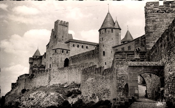 Postcard Carcassonne Aude, city walls, city gate, Porte du Senechal