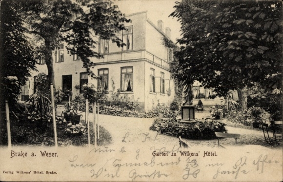 Postcard Brake on the Lower Weser in Oldenburg, garden of Wilkens Hotel