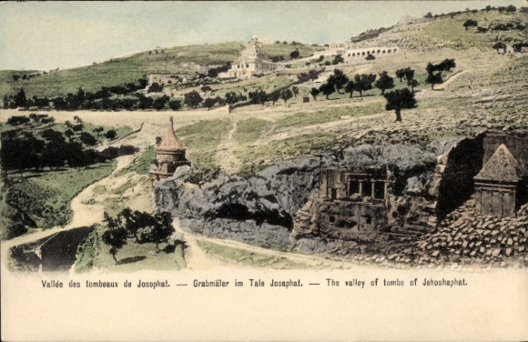 Postcard Jerusalem Israel, tombs in the Tale Josaphat, Vallée des tombeaux de Josophat, valley of tombs