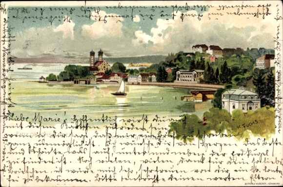 Künstler Litho Fuchs, Karl, Friedrichshafen am Bodensee, Bucht und Königliches Schloss