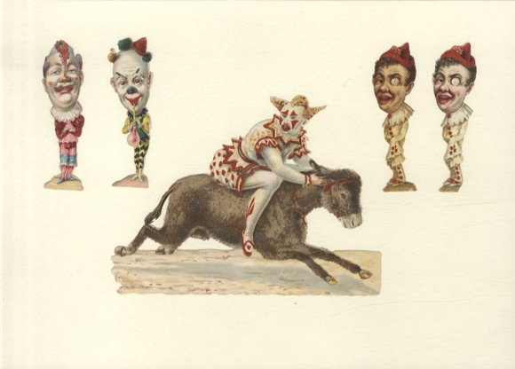 5 waflowych klaunów z dużymi głowami, klaun na osiołku, wymiary ok. 8,5 x 3 cm, 11,5 x 15,5 cm