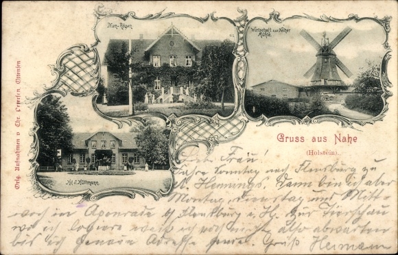 Postcard Nahe in Holstein, windmill, court