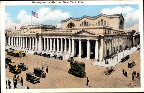 Postcard New York City, Pennsylvania Station, Exterior, Streetcars, Automobiles