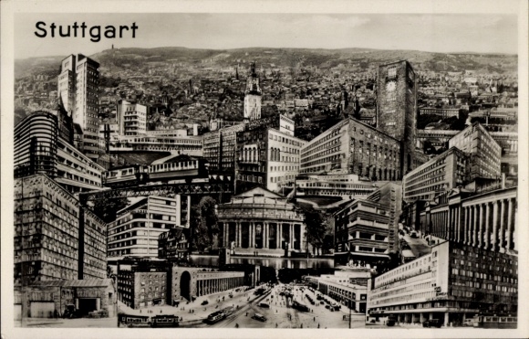 Postcard Stuttgart am Neckar, train station, tram, Mittnachtbau, Hotel Graf Zeppelin, photomontage