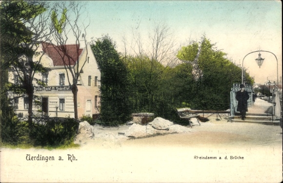 Ak Uerdingen Krefeld am Niederrhein, Rheindamm an der Brücke