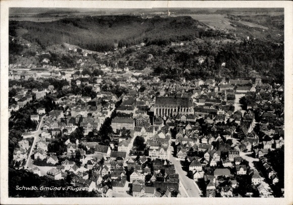 Postcard Schwäbisch Gmünd in Württemberg, aerial photograph, city view, architecture, many roofs