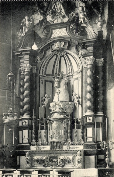 Postcard Bruxelles Brussels, altar with statue, religious motifs, artistic design