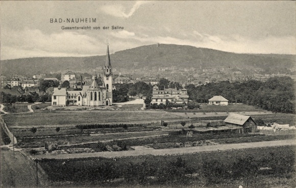 Postcard Bad Nauheim in Hesse, general view of the saltworks, church, buildings, landscape
