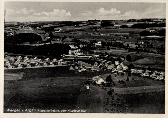 Postcard Wangen im Allgäu, aerial view of children's sanatorium, rural landscape