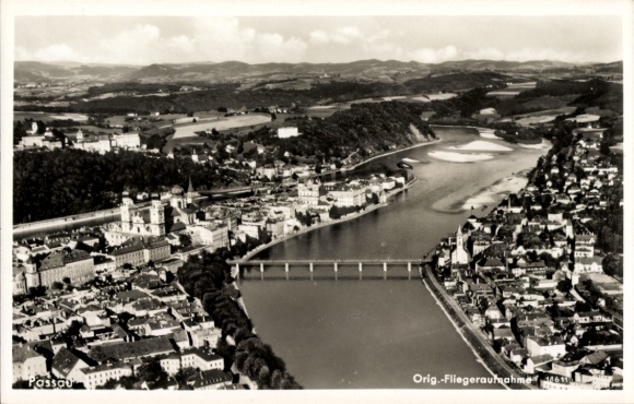 Postcard Passau in Lower Bavaria, aerial photograph