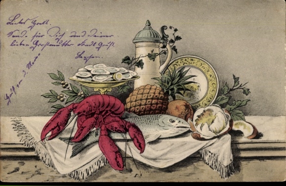 Postcard lobster, pineapple, jug, plate, food