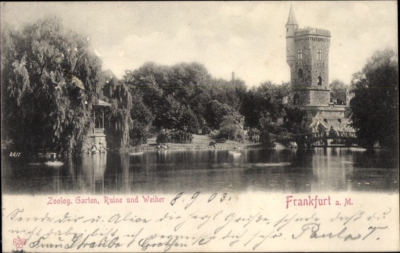 Ansichtkaart Frankfurt am Main, dierentuin, ruïnes, vijver