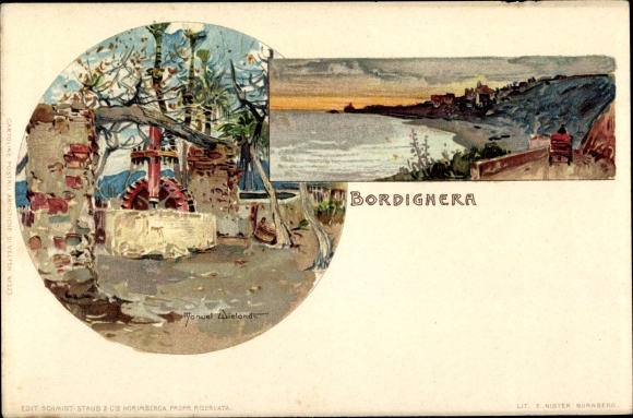 Kunstenaar Litho Wielandt, Manuel, Bordighera Ligurië, kustpanorama, molenrad, watermolen