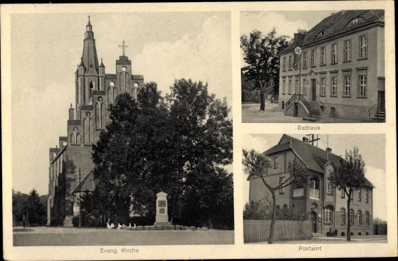 Postcard Fehrbellin in the district of Ruppin, Evangelical Church, post office, town hall