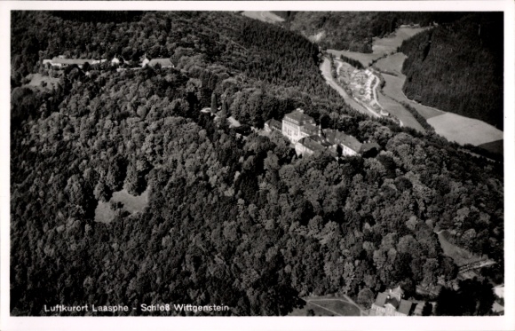 Postcard Bad Laasphe in Westphalia, climatic health resort Schloss Wittgenstein, aerial photograph, forest