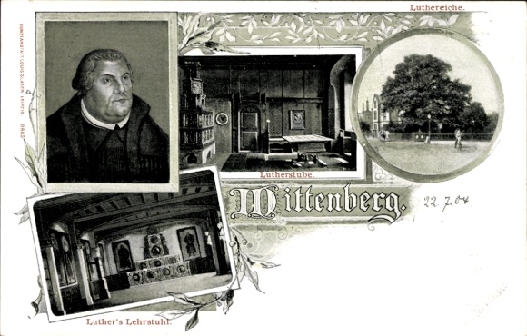 Postcard Lutherstadt Wittenberg, portrait, Luther room, chair, Luther oak