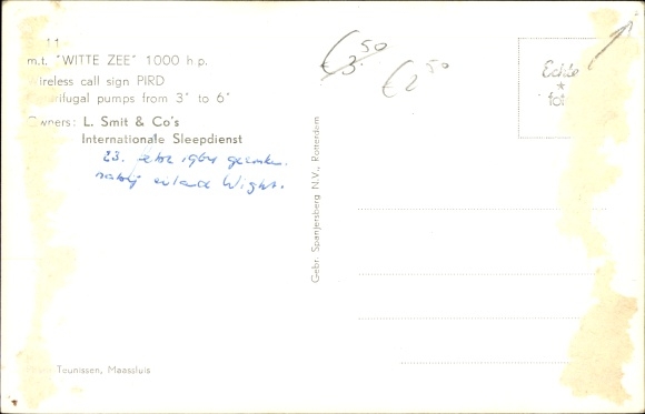 Postcard tugboat mt Witte Zee, L. Smit &amp; Co