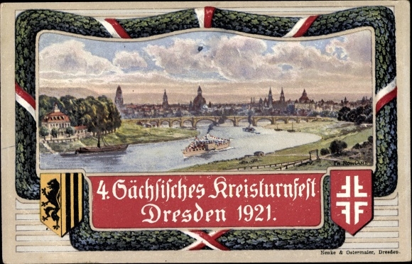 Coat of arms artist PC Dresden, 4th Saxon district gymnastics festival 1921, city view from the small forest castle