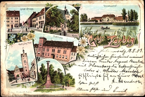 Chromo-Litho Zörbig Saxony Anhalt, Lange Straße, gate, church, town hall, Dorotheenhof