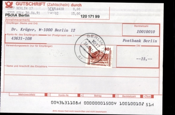Michel nr 3349 na nocie kredytowej, potwierdzeniu płatności