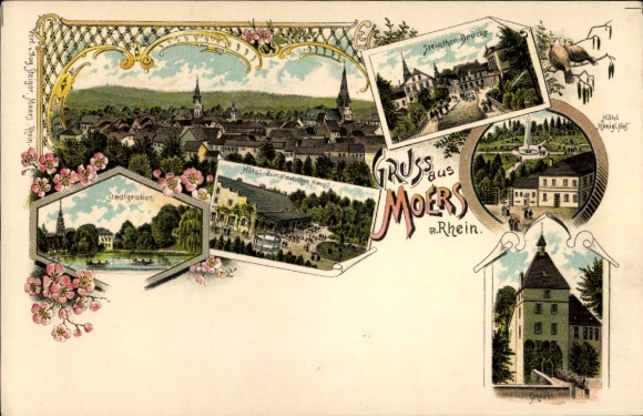 Chromo-Litho Moers on the Lower Rhine, city moat, Steintor Bridge, hotel, castle