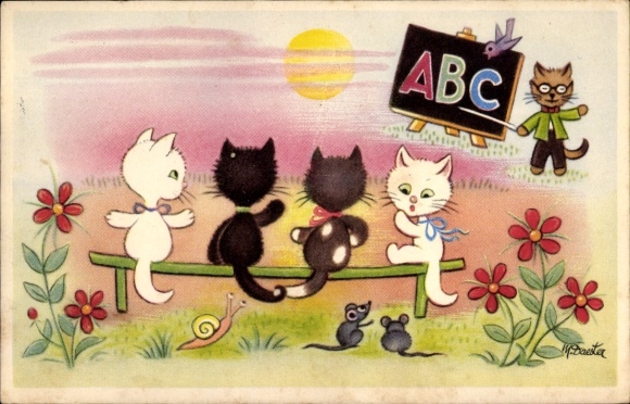 Artist Postcard Daester, cats in school, teacher, blackboard, snail, mice