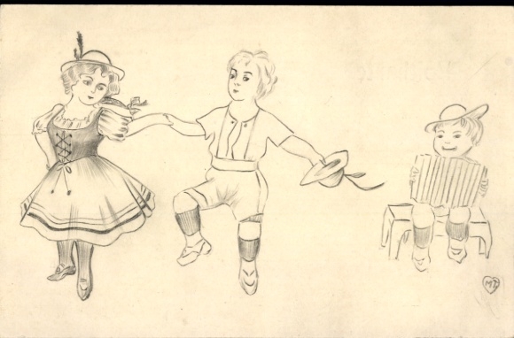 Hand-painted Postcard children in traditional costume, dancing, accordion player