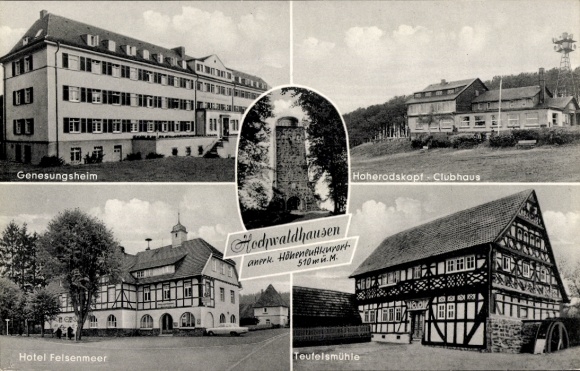 Postcard Hochwaldhausen Grebenhain in the Vogelsberg district, convalescent home, Hoherodskopf clubhouse, Teufelsmühle