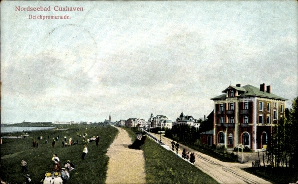 Postcard Nordseebad Cuxhaven, Nordseebad dike promenade, landscape with building, walkers