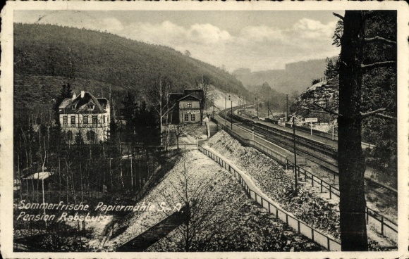 Ak Papiermühle Schmölln in Thüringen, Malerische Landschaft, Häuser, Eisenbahn, Fluss, Wald