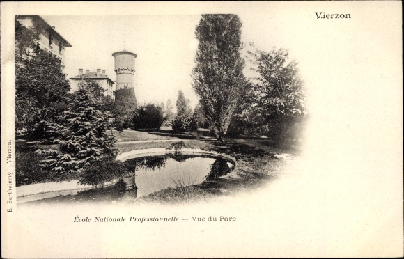 Postcard Vierzon Cher, National Vocational School, view from the Park, Wasserturm