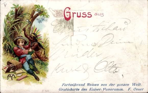 Chromo-Litho Kaiser-Panorama F. Oeser, Travels from all over the world, traveler is attacked by Indians