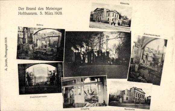 Ak Meiningen in Thüringen, Hoftheater, Brand 5. März 1908, Zuschauerraum, Eingang, Bühne