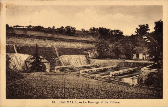 Postcard Carmaux Tarn, Le Barrage, Les Filtres, black and white picture, landscape, building